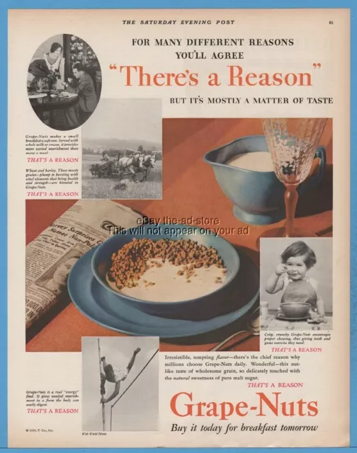 1929 Post Grape Nuts breakfast cereal horse drawn thresher kitchen decor Ad