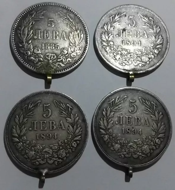 BULGARIA: 4 x 5 Leva silver coins. 90% silver. 1 x 1885 & 3 x 1894. Pendants.