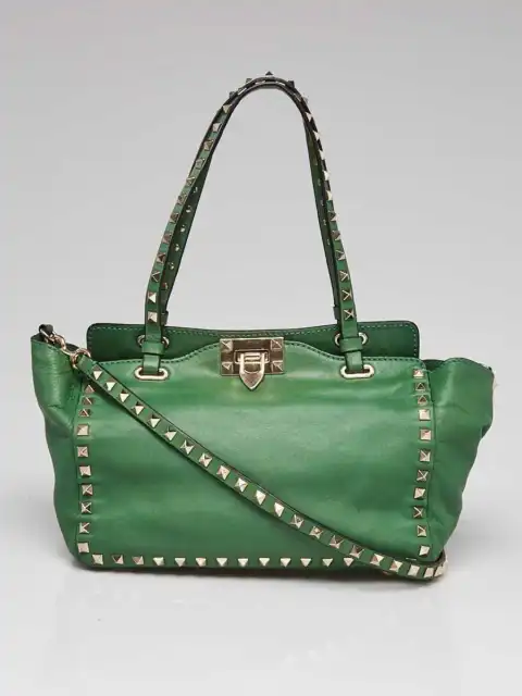 Valentino Green Leather Rockstud Trapeze Small Tote Bag