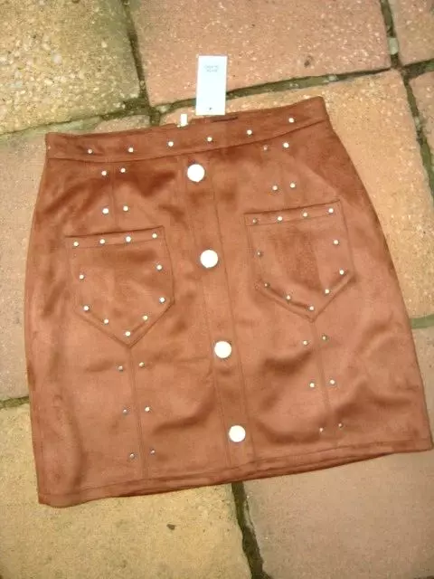 Gonna Con Borchie In Finta Pelle Scamosciata Molskin Nuova Con Etichette Lovely River Island Marrone Chiaro Ragazze Età 12 Anni Nuova