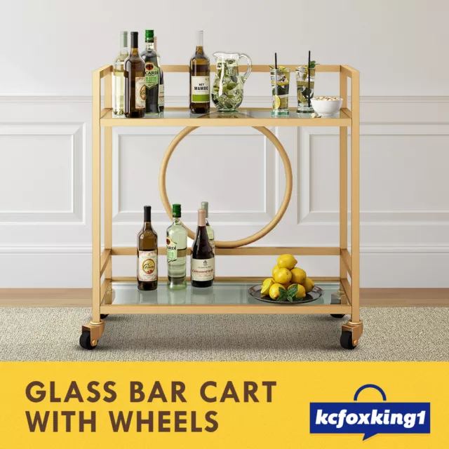 Gold Metal Glass Wine Drinks Trolley Kitchen Bar Dining Serving Cart Drink Table