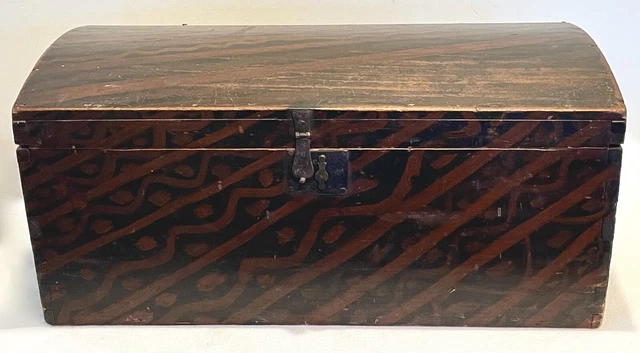Antiqu 19th c. Red & Black Grain Painted Storage Dome Top Box Trunk Americana