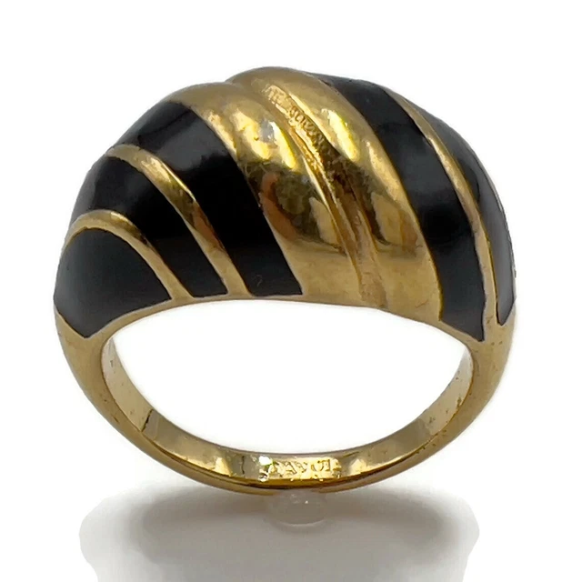 AVON Gold Tone Black Enamel Dome Ribbed Design Fashion Ring Size 9