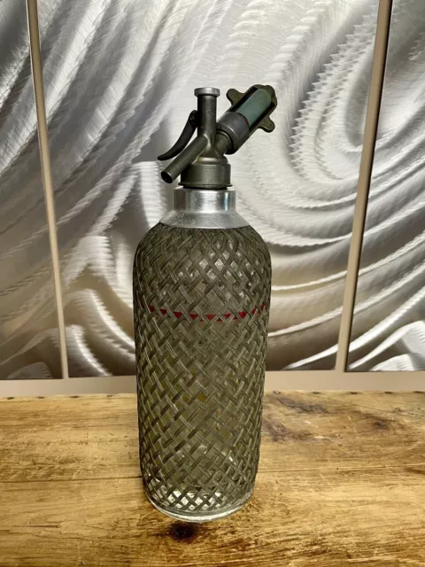 Vintage 1930s Sparklets NY Soda Siphon Seltzer Glass Wire Mesh Bar Water Bottle