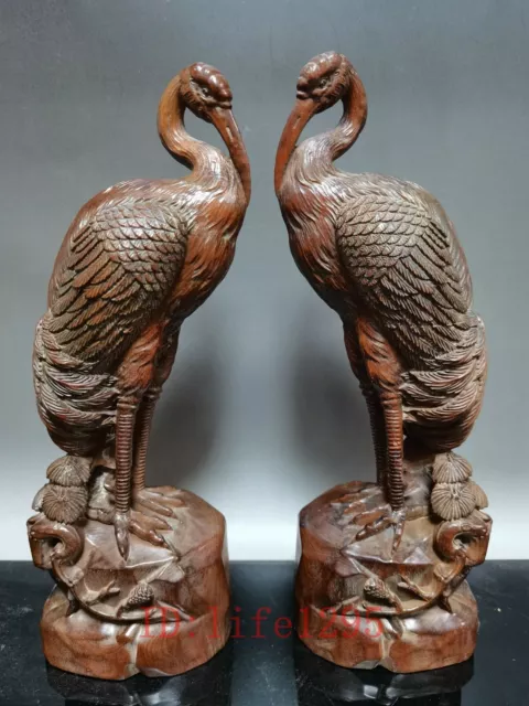 H 8" Collection Old China Wood Hand carving a pair red-crowned crane Decoration