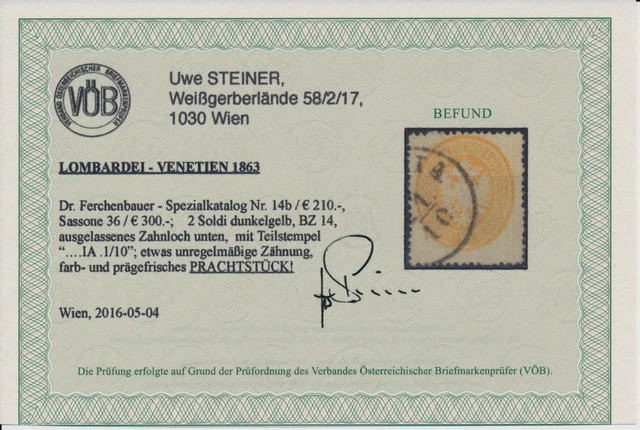 LOMBARDEI-VENETIEN 1863 Nr.14b, 2sld. DUNKELGELB! Kw:210,-! VÖB! P!