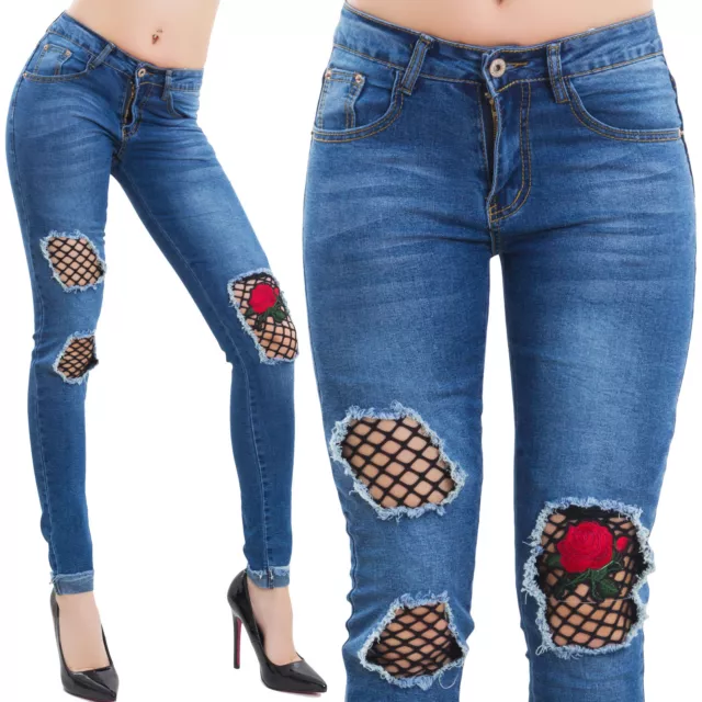 Jeans donna pantaloni skinny denim strappi rete fiori aderenti slim nuovi A102