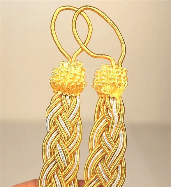 2 Rope Cord Curtain Drapery Tiebacks Braided Gold & Silver Pull Back Fabric New