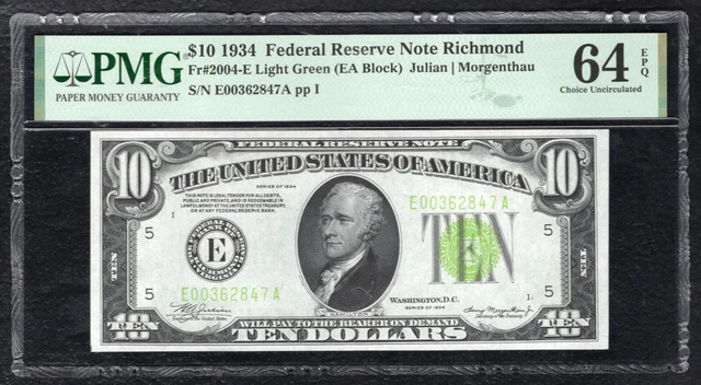 Fr. 2004-E 1934 $10 Lgs Light Green Seal Frn Richmond, Va Pmg Unc-64Epq