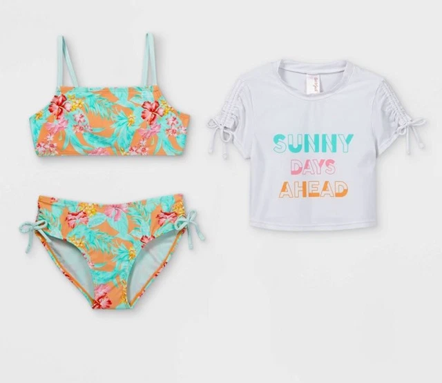 Girls' 3pc Cropped Short Sleeve 'Sunny Days Ahead' Floral Bikini Set L 10/12