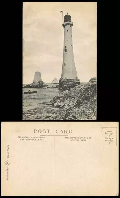 Devon Eddystone Lighthouse Rocks Sailing Boat Boats Coast Seaside Old Postcard W