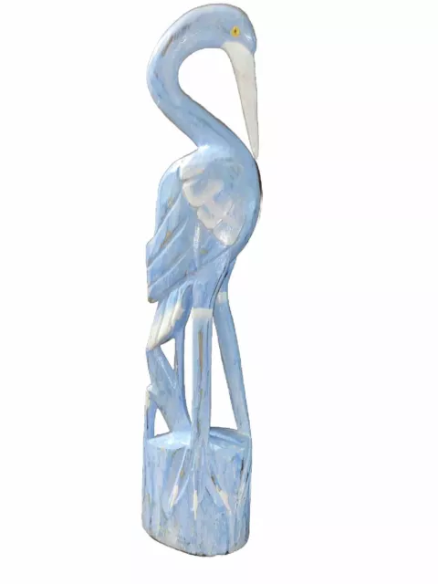 Heron Blue Wash Hand Carved Wood Tropical Sculpture Bird Decor Tiki