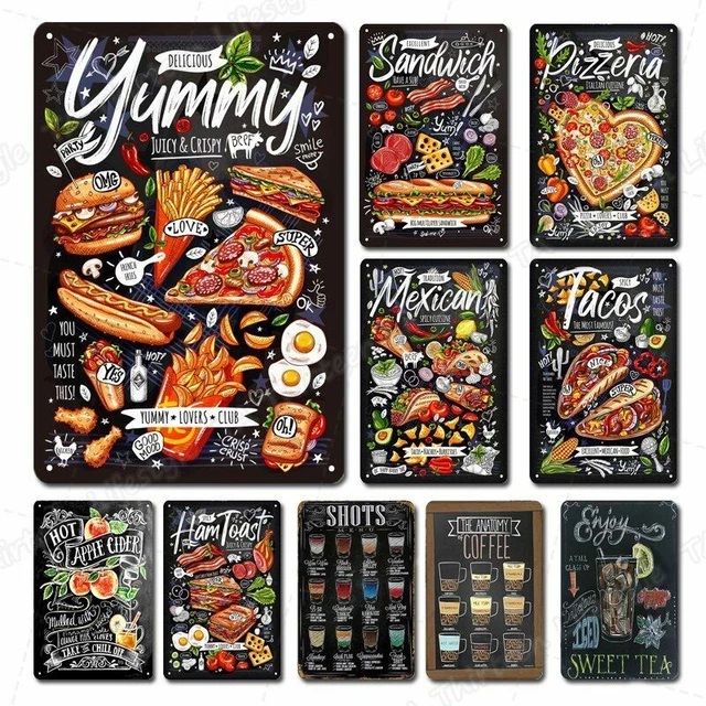 Mexican Yummy Hamburger Tacos Pizza Metal Tin Sign Plate Vintage Plaque Iron