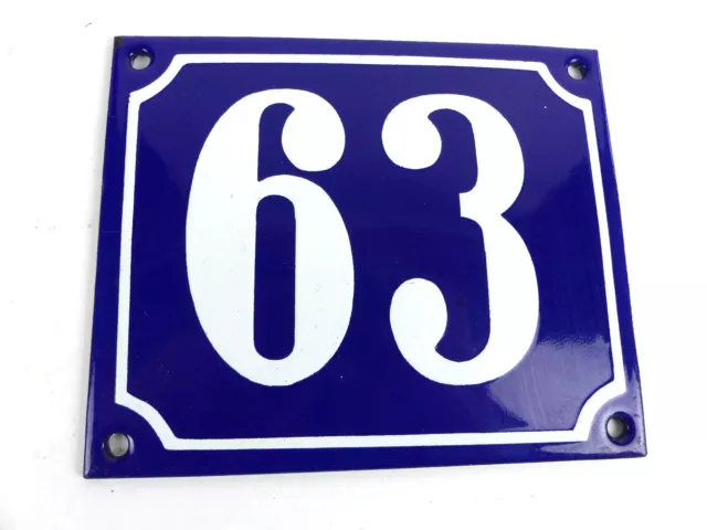 altes Email Hausnummer Schild Nr. 63 Emailschild gewölbt 12 x 10 cm in blau