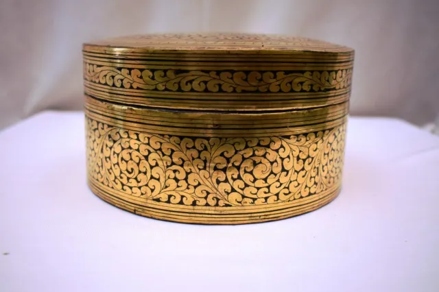 Antique Burmese Betel Nut Box Gilt Lacquerware Myanmar Floral Gold Painted Old"5 2