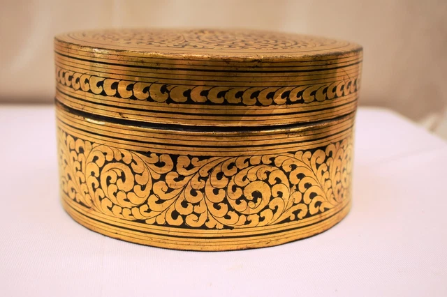 Antique Burmese Betel Nut Box Gilt Lacquerware Myanmar Floral Gold Painted Old"4 3