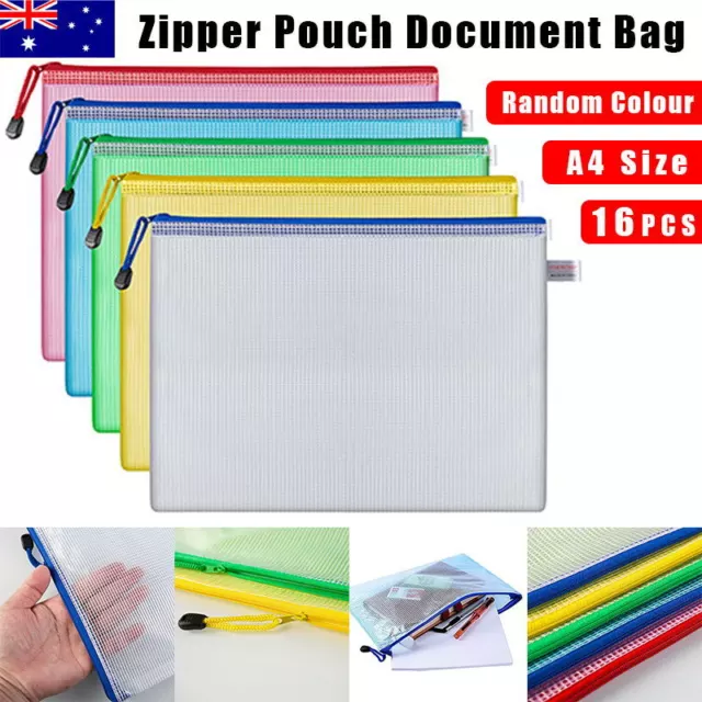 16pcs Mesh Zipper Pouch Document Bag, Waterproof Zip File Folders, Letter Size/A4 Size, for Office Supplies, Travel Storage Bags, 8 Colors