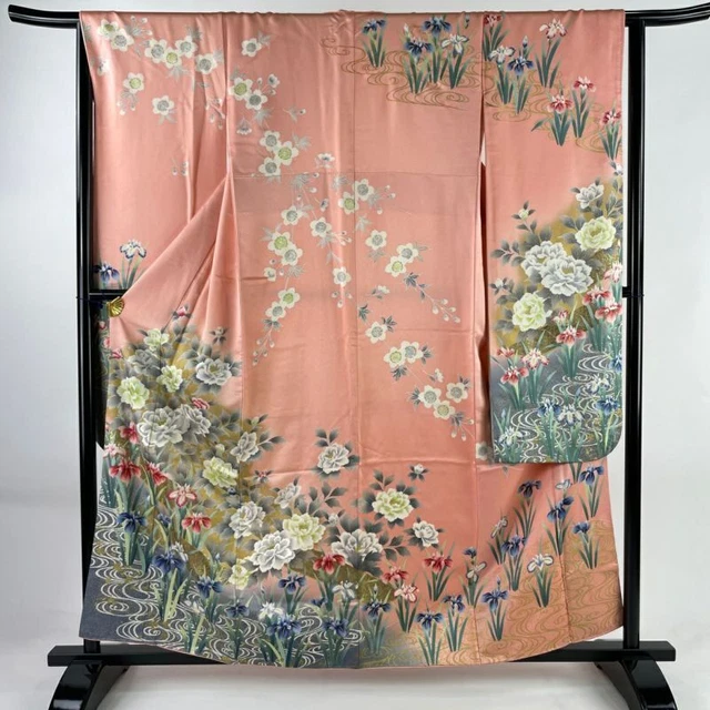 JAPANESE KIMONO FURISODE LONG SLEEVES LADIES WOVEN SILK 100% GOLD COLOR 159.5cm