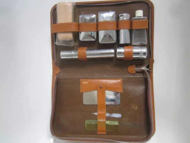 Vintage Gentlemans Travel Grooming Kit Chrome Plated In Brown Leather Case 60s