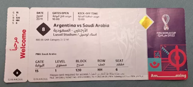 Sammler Used Ticket 2022 Fifa World Cup #08 Argentina - Saudi Arabia Messi Qatar