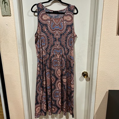 AA Studio A Line Dress Plus Size 16 Peach Blue Printed Stretch Sleeveless