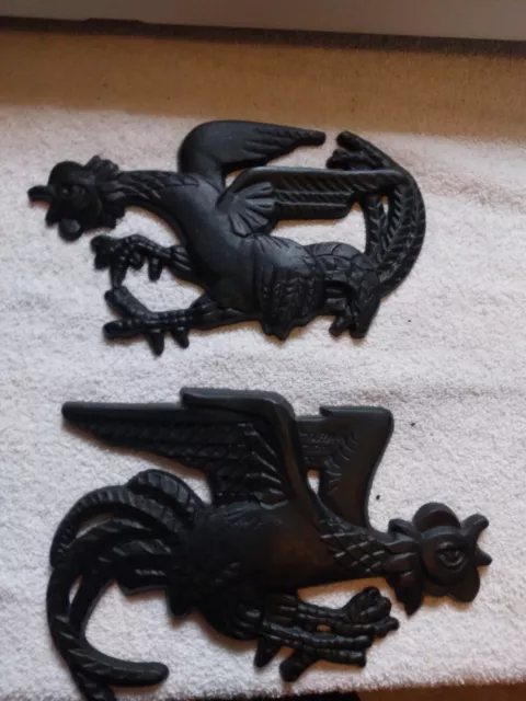 Vintage Pair of Black Roosters Fighting Cocks Cast Iron Wall Art Hanging Set