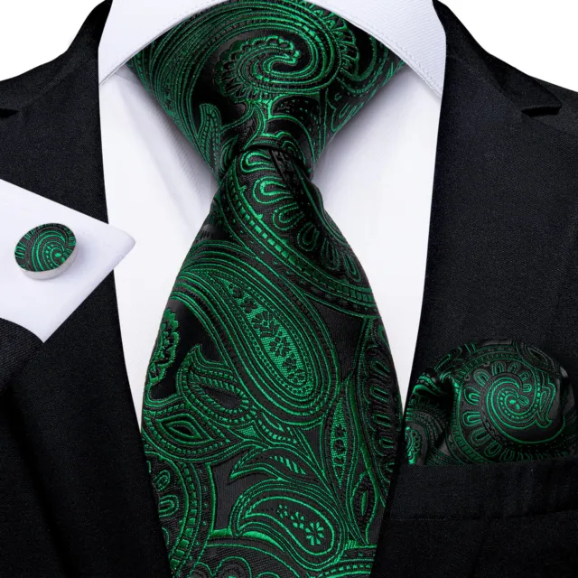 Mens Silk Tie and Handkerchief Set Classic Paisley Green Striped Necktie Wedding