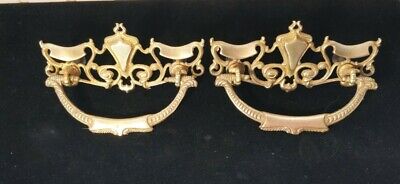 2 Antique Cast Brass Drawer Pulls Bails Traditional Ornate Design 3" Centers