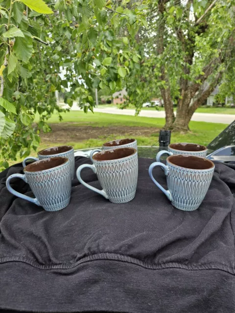 Set of 6 Mikasa Gourmet Basics Broadway 4" Coffee Mugs Cups Brown Ovals on Blue