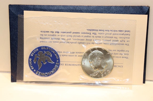 1972 S US Mint Eisenhower Blue Ike 40% Silver Dollar  w/ Envelope..