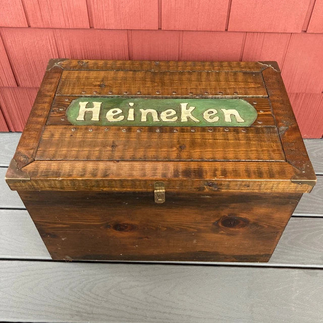 Antique Vintage Heineken Large Handmade Carved Wood Storage Chest With Handles
