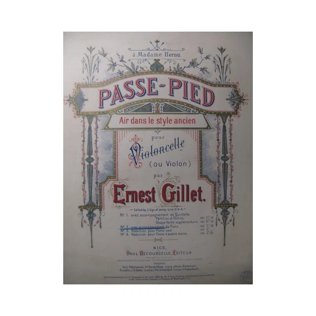 GILLET Ernest Passe-Pied Violoncelle ou Violon Piano 1890