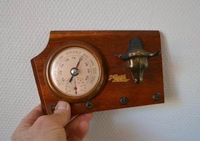 Ancien Thermomètre Baromètre porte-clefs tête taureau Saintes Maries de la Mer