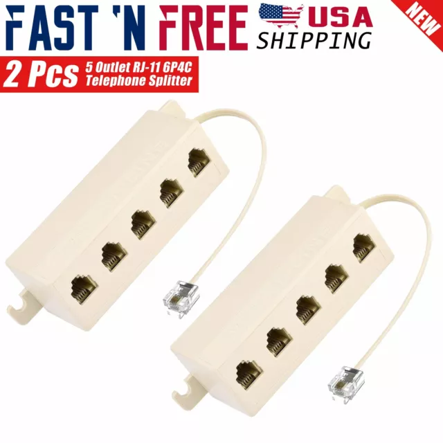 2 Pcs 5 Outlets RJ-11 Telephone Jack 4 Conductor 6P4C Modular Splitter Adapter