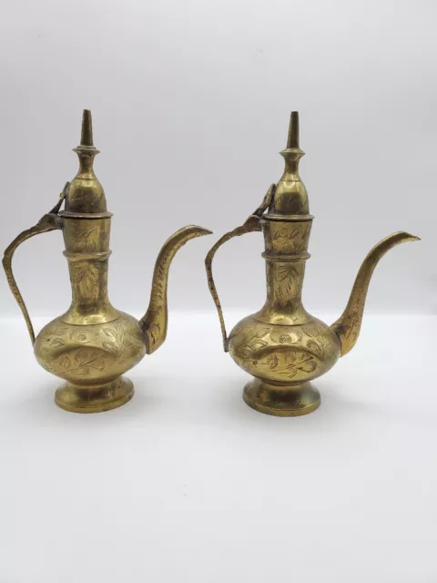 Vintage 2 Brass Lidded Teapots Ewer Genie Oil Lamp Pitcher Etched Ornate India