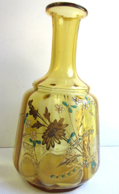 carafe à liqueur, verre ambre émaillé Or fin, Legras: Marguerites et ruban