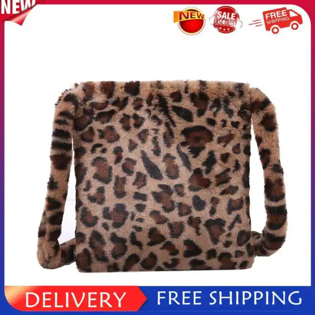 Women Plush Leopard Pattern Handbag Small Square Shoulder Bag (Brown)