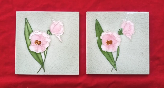 2 Piece Old Art Deco Floral Design Embossed Majolica Ceramic Tiles England 0385 3