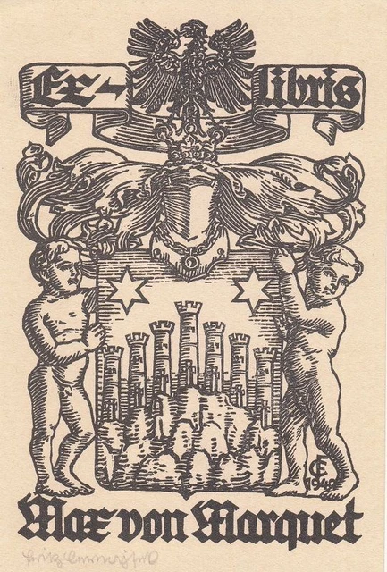 Exlibris Bookplate Gravure sur Bois Fritz Cernajsek 1910-1996 Blason Héraldique
