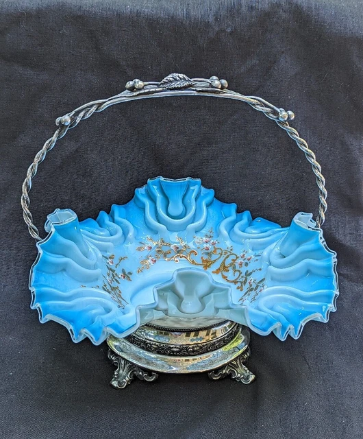 Antique Blue Ruffled Hand Decorated Bride's Bowl Forbes Silver Quadruple Plate