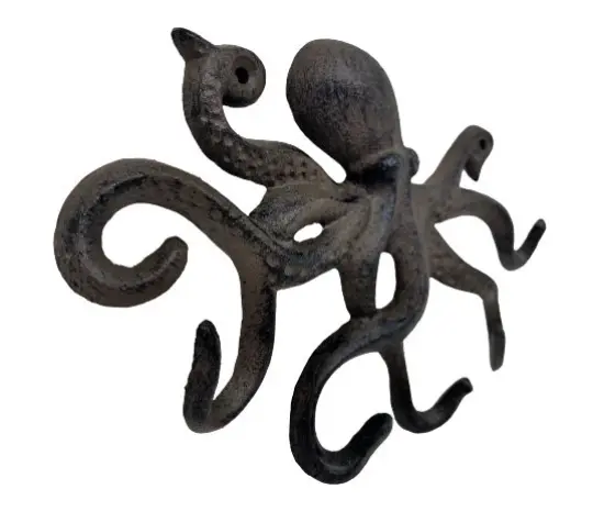 Unique Funky Cast Iron 9.75" Rustic Brown Octopus Coat Hat Key Purse Bag 6 Hook 3