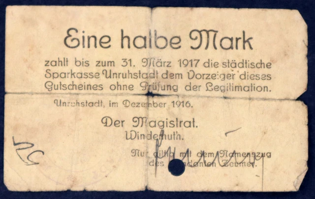 UNRUHSTADT / POSEN 1916 1/2 Mk XX-RARE Early WWI Notgeld Germany Kargowa Poland