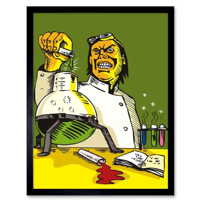 Malerei Cartoon verrückter Wissenschaftler Chemie Experiment seltsam 12X16 gerahmter Kunstdruck