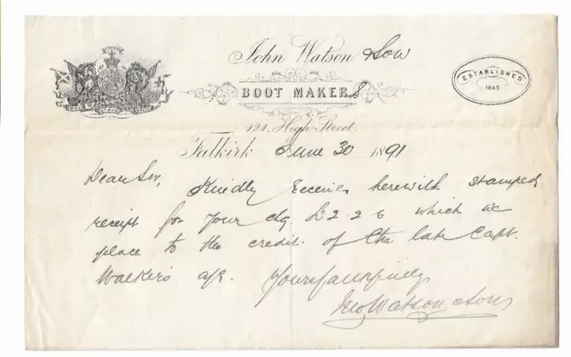 1891 John Watson Boot maker, High street Falkirk, Invoice, receipt