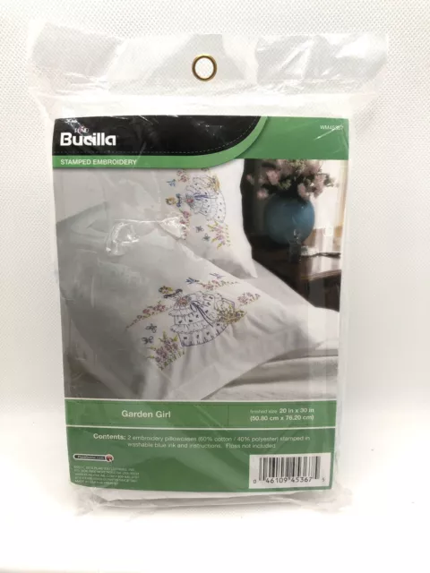 Fundas de almohada vintage Bucilla jardín niña estampadas 20""X30"" para bordar nuevas en paquete