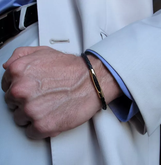 Leather Braided Bracelet for men Black Adjustable Bracelet Mens Gold cuff