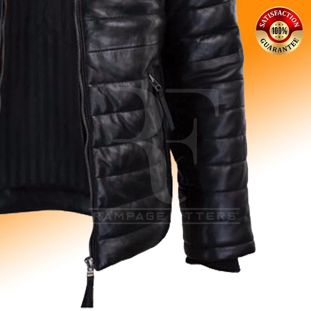 Black Leather Puffer Jacket, Men's Padded Puffy bubble Real Leather Jacket 4