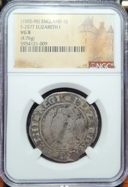 Silver 1592-95 Great Britain 1 Shilling S-2577 Elizabeth I Tun MM | NGC VG8