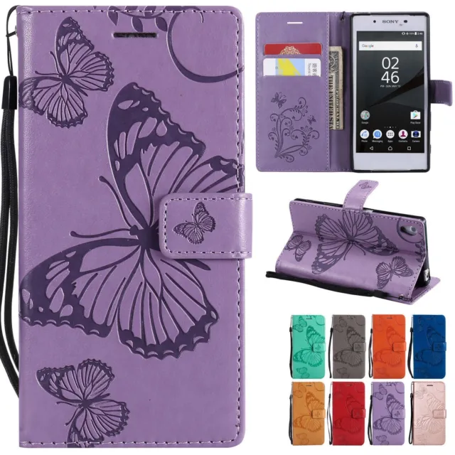 For Sony Xperia Phone Flip Wallet 3D Butterfly Leather Case Cover Wrist Strap