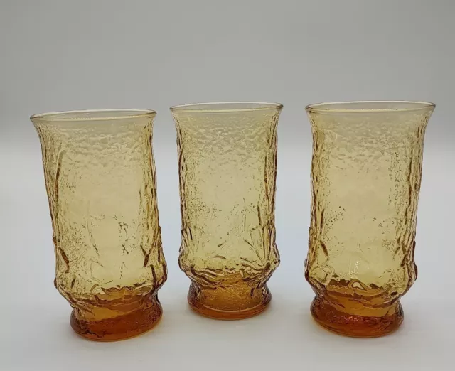 Vintage Anchor Hocking Rainflower  Amber Yellow Glass Tumblers Glasses Set of 3